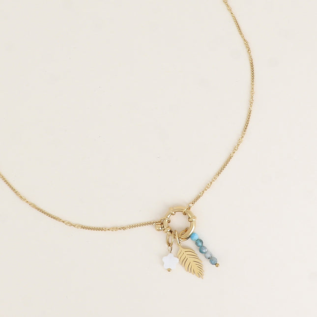 Collier - pierres naturelles, étoile en nacre, feuille