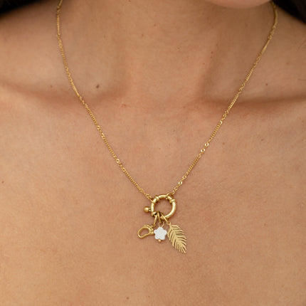 CARPEDIEM card with necklace and 6 pendants (foliage and mother-of-pearl flower)