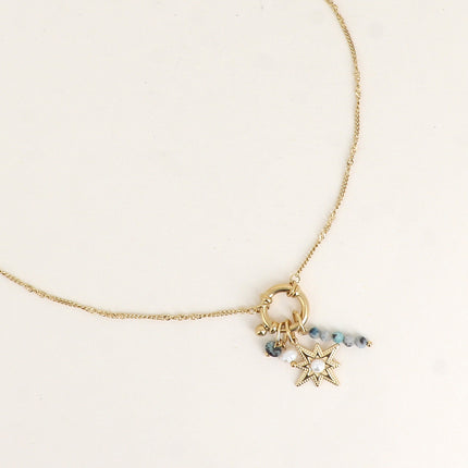 Collier - fermoir bouée, pierres naturelles, perle d'eau douce, étoile avec cabochon en résine blanche