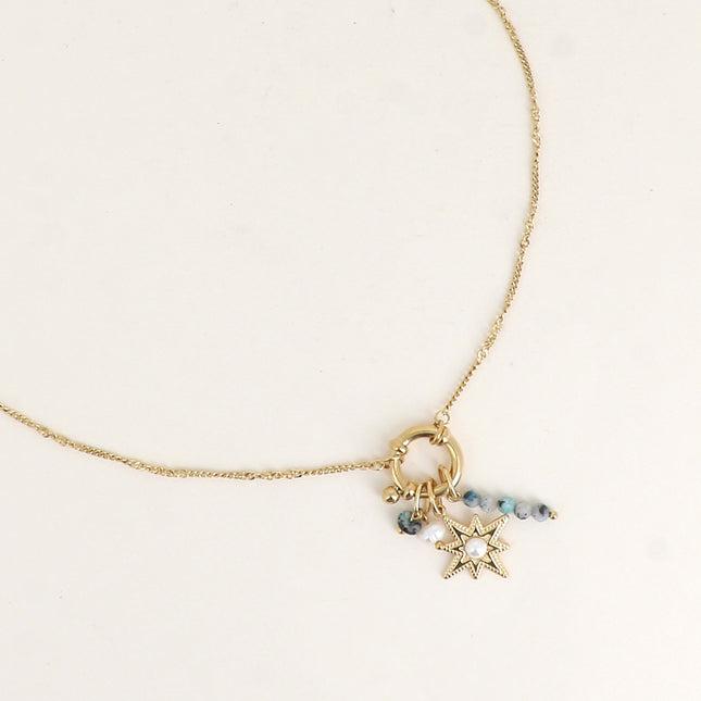 Collier - fermoir bouée, pierres naturelles, perle d'eau douce, étoile avec cabochon en résine blanche