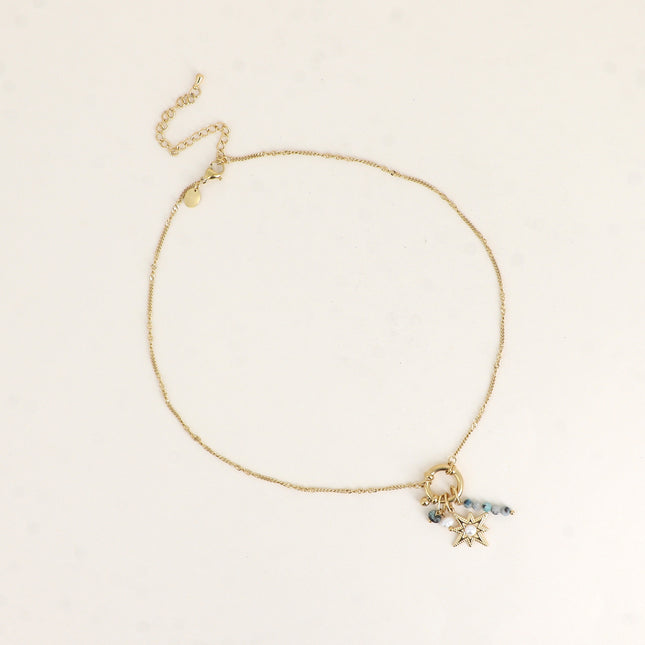 Collier - fermoir bouée, pierres naturelles, perle d'eau douce, étoile avec cabochon en résine blanche