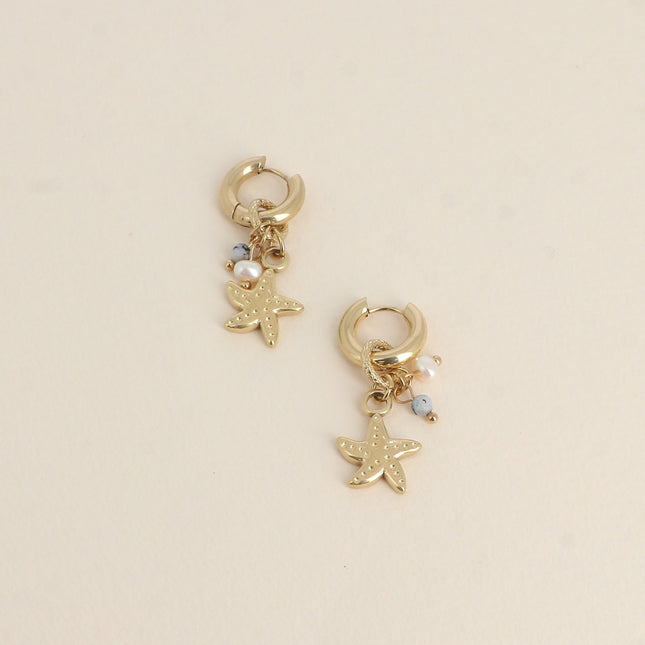 Hoop earrings - starfish with freshwater pearl and natural stone