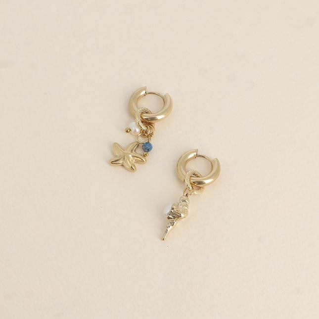 Créoles - étoile de mer avec pierre naturelle et coquillage avec perle d'eau douce