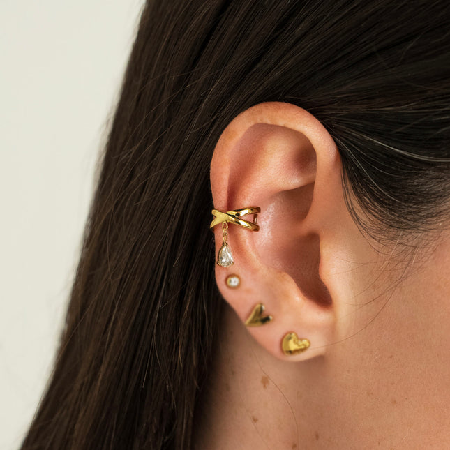 Earcuffs - intertwined double rings and dangling teardrop crystal