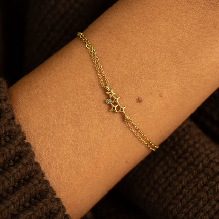 Bracelet - 2 rangs avec pendentif 4 étoiles et cristal