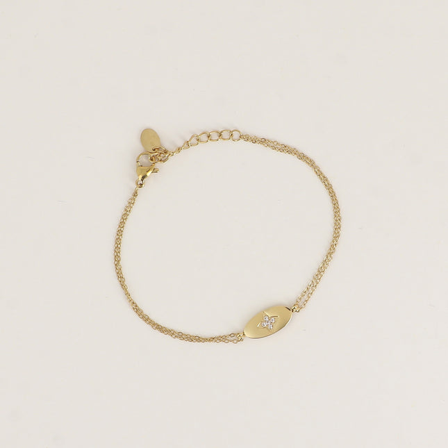 Bracelet - double chaîne, pendentif ovale avec étoile gravée et oxydes de zirconium