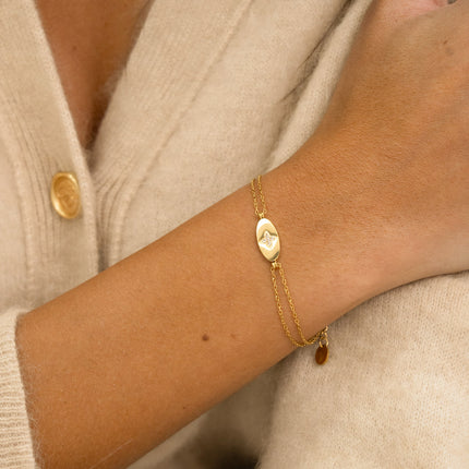 Bracelet - double chain, oval pendant with engraved star and cubic zirconia