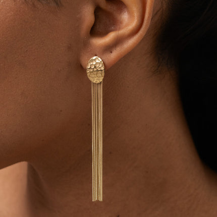 Dangling earrings - hammered oval piece and 6 snake chains