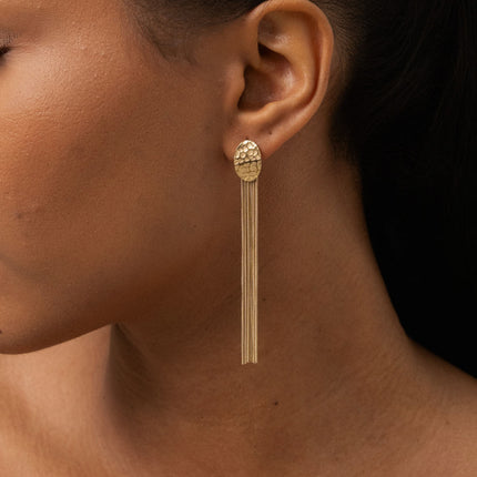 Dangling earrings - hammered oval piece and 6 snake chains