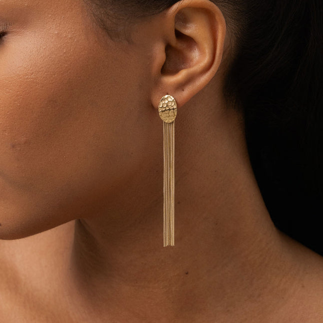 Dangling earrings - hammered oval piece and 6 snake chains