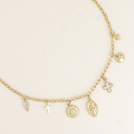 Collier - croix religieuses, émail, la Madone, coeur, étoile, pièce martelée avec lune