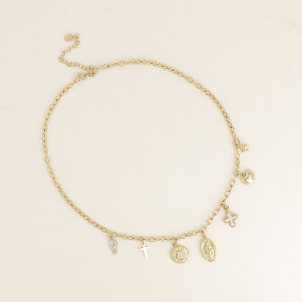 Collier - croix religieuses, émail, la Madone, coeur, étoile, pièce martelée avec lune