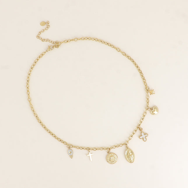 Collier - croix religieuses, émail, la Madone, coeur, étoile, pièce martelée avec lune