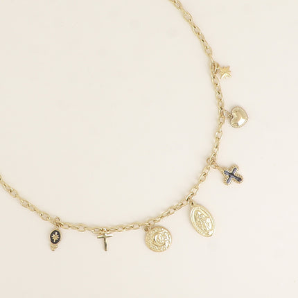 Collier - croix religieuses, émail, la Madone, coeur, étoile, pièce martelée avec lune