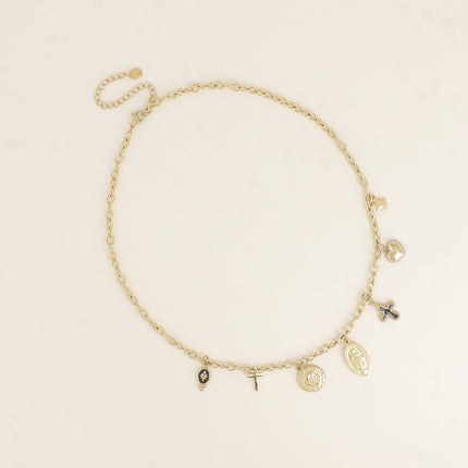 Collier - croix religieuses, émail, la Madone, coeur, étoile, pièce martelée avec lune