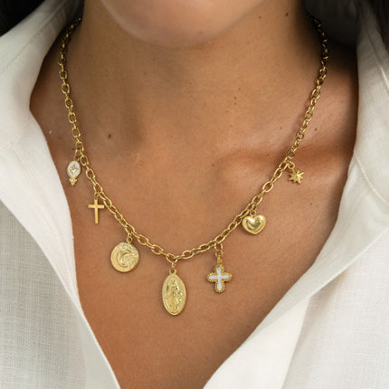 Collier - croix religieuses, émail, la Madone, coeur, étoile, pièce martelée avec lune
