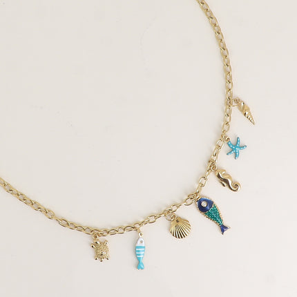 Collier - étoile de mer, hippocampe, poissons, coquillage, émail