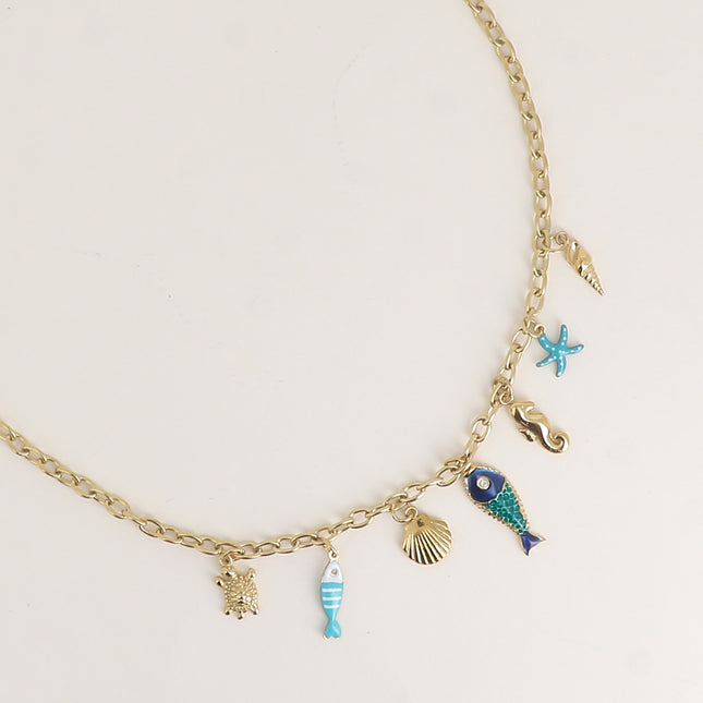 Collier - étoile de mer, hippocampe, poissons, coquillage, émail