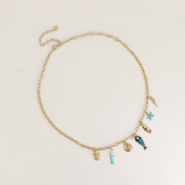 Collier - étoile de mer, hippocampe, poissons, coquillage, émail