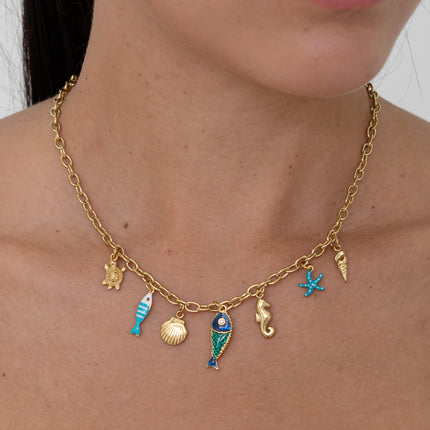 Collier - étoile de mer, hippocampe, poissons, coquillage, émail