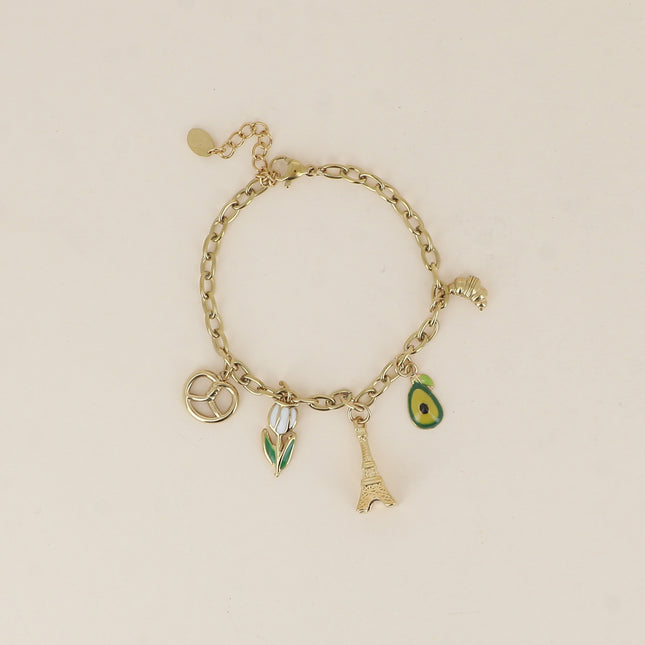 Bracelet - Tour Eiffel, croissant, bretzel, fleur et avocat en émail