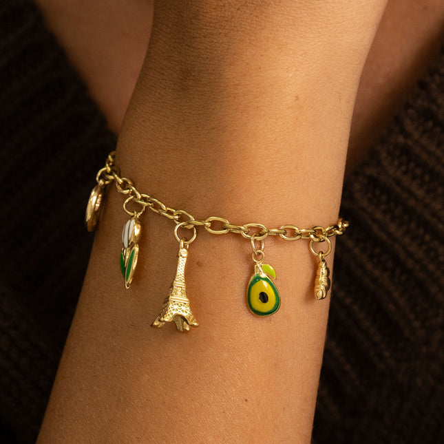 Bracelet - Enamel Eiffel Tower, croissant, pretzel, flower and avocado charm