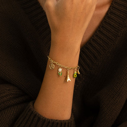 Bracelet - Tour Eiffel, croissant, bretzel, fleur et avocat en émail