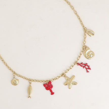 Collier - coquillages, poisson, homard et corail rouge, étoile de mer