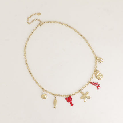 Collier - coquillages, poisson, homard et corail rouge, étoile de mer
