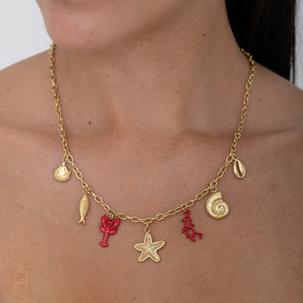 Collier - coquillages, poisson, homard et corail rouge, étoile de mer