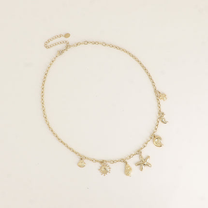 Collier - breloques (étoile de mer, soleil, lune, coquillages, tortue)