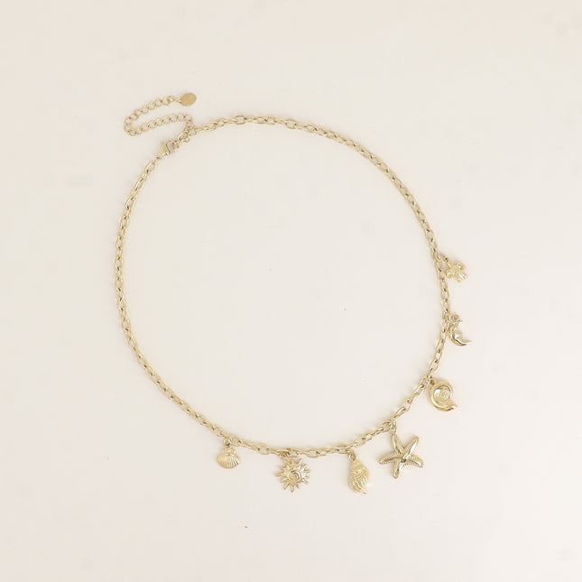 Collier - breloques (étoile de mer, soleil, lune, coquillages, tortue)