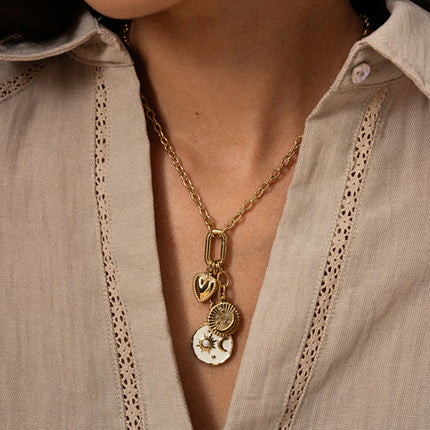Zorya Necklace - carabiner ring and 3 pendants (heart, sun and moon on enamel, crescent moon and cubic zirconia)