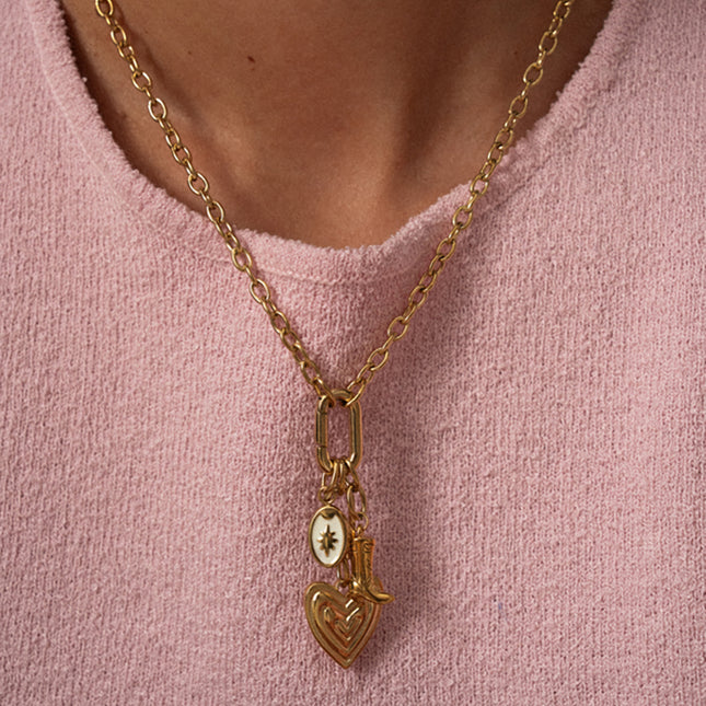 Necklace - carabiner ring and 3 charms (boot, triple heart, North Star on enamel)