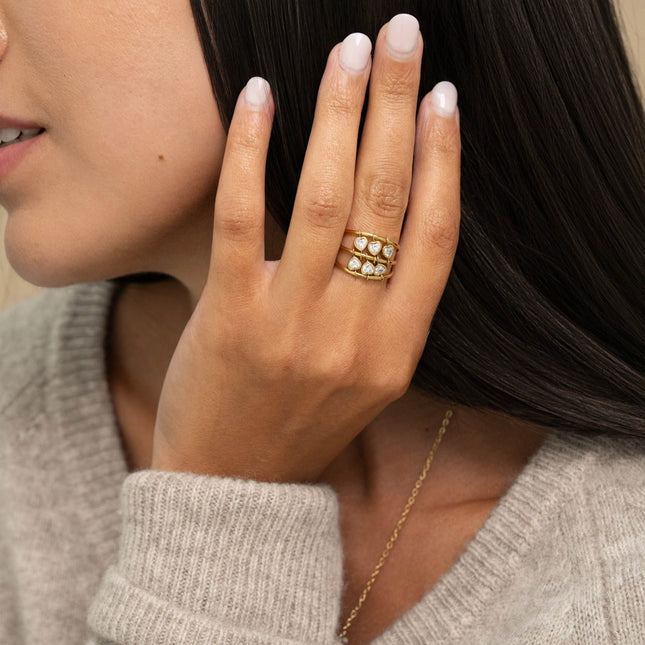 Bague - 3 anneaux et oxydes de zirconium en forme de coeur