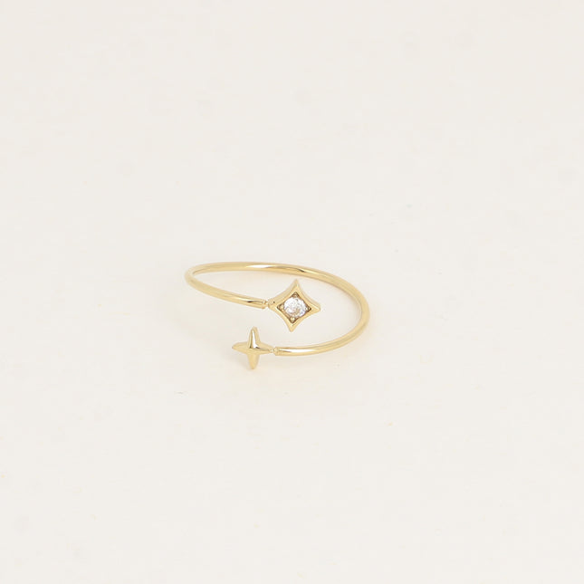 Bague ouverte - anneau fin, 2 étoiles et oxyde de zirconium