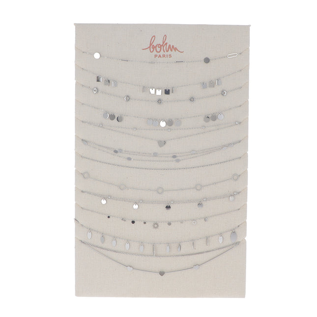 Kit de 24(12+12) colliers - rhodium - prix moyen de 6€/pc - Présentoir offert