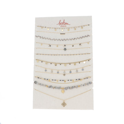 Kit de 24(12+12) colliers - doré labradorite - prix moyen de 6,90€/pc - Présentoir offert