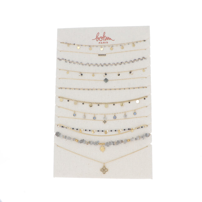Kit de 24(12+12) colliers - doré labradorite - prix moyen de 6,90€/pc - Présentoir offert
