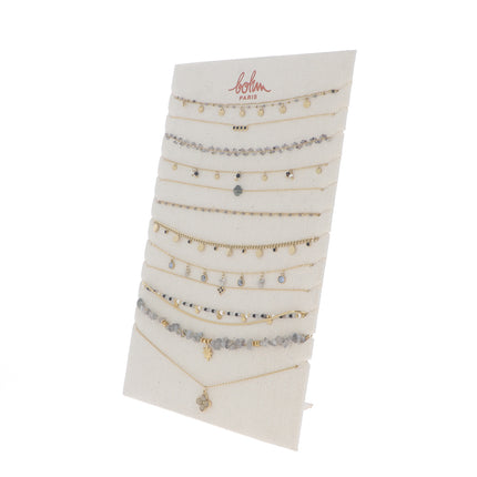 Kit de 24(12+12) colliers - doré labradorite - prix moyen de 6,90€/pc - Présentoir offert