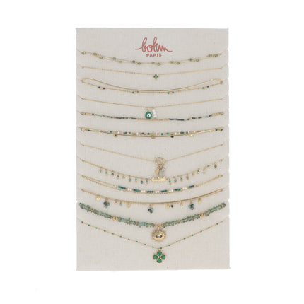 Kit de 24(12+12) colliers - doré vert - prix moyen de 7,80€/pc - Présentoir offert