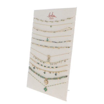 Kit de 24(12+12) colliers - doré vert - prix moyen de 7,80€/pc - Présentoir offert
