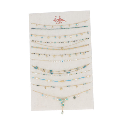 Kit de 24(12+12) colliers - doré turquoise - prix moyen de 8,40€/pc - Présentoir offert