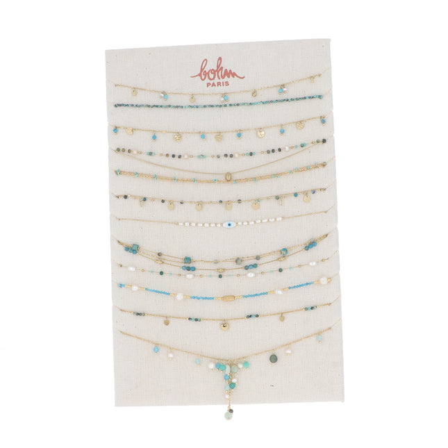 Kit de 24(12+12) colliers - doré turquoise - prix moyen de 8,40€/pc - Présentoir offert