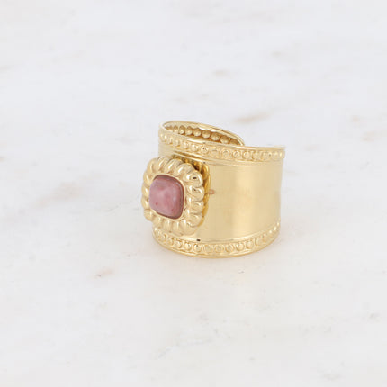 Bague large - pierre naturelle carré et motif tressé et ronds - Difficilement réglable T58