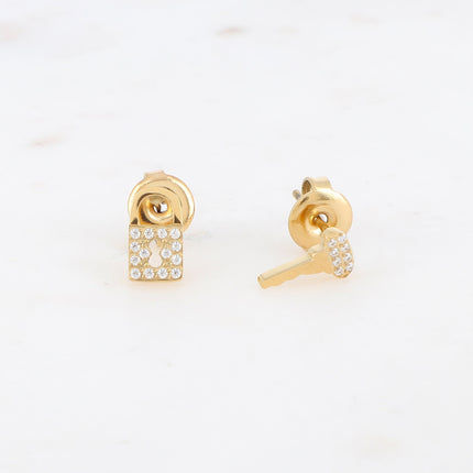Boucles puces Stella - Cadenas et clef en zirconium