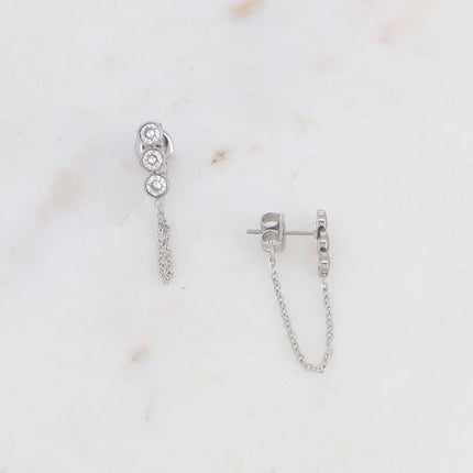 Mizan stud earrings - 3 zirconia stones and chain