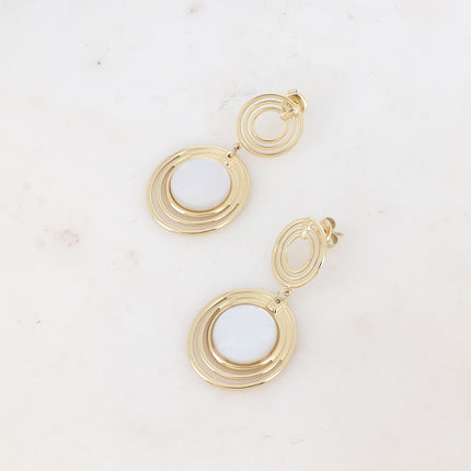 Boucles pendantes - double médaillon à 3 anneaux et pierre naturelle