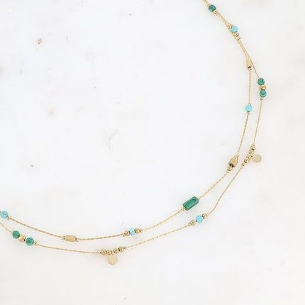 Collier Evaëlle - 2 rangs, pampilles rondes et pierres naturelles