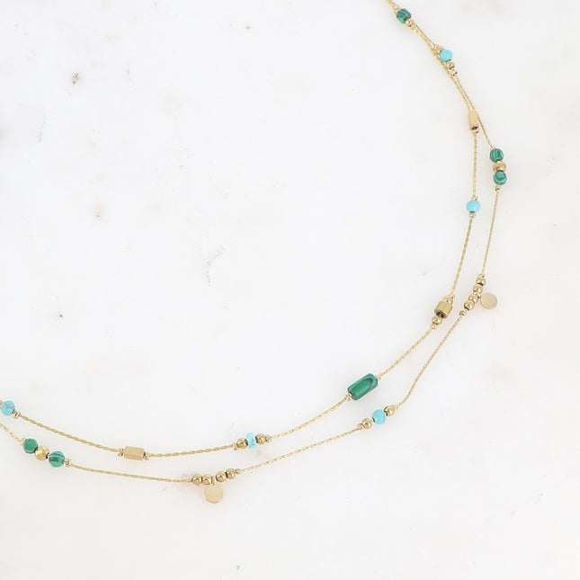 Evaëlle Necklace - 2 strands, round tassels and natural stones